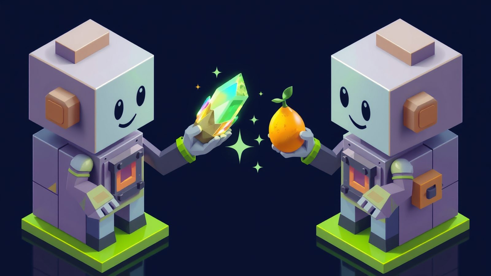 Two voxel characters trading a rainbow crystal pet for a golden fruit