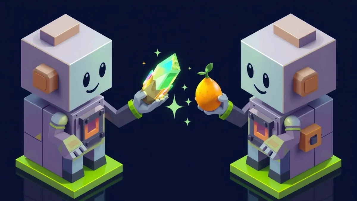 Two voxel characters trading a rainbow crystal pet for a golden fruit